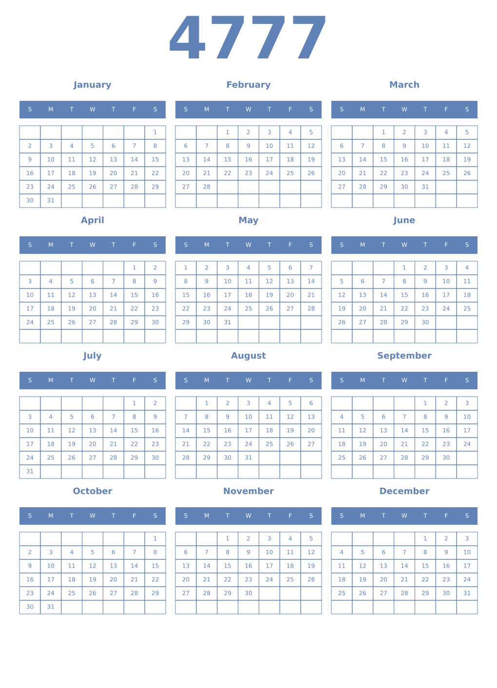 Printable 4777 Year Calendars glaucous