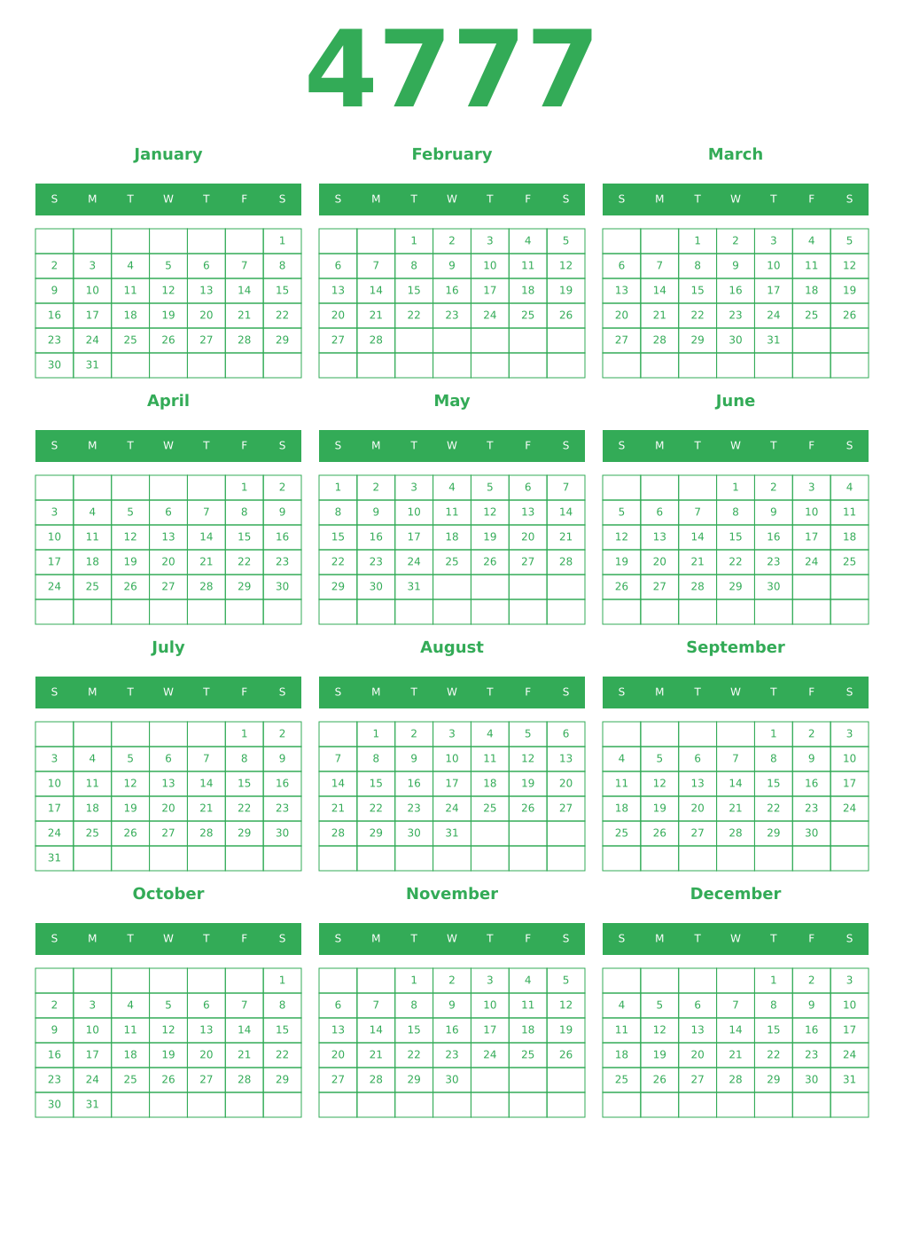 Printable 4777 Year Calendars green