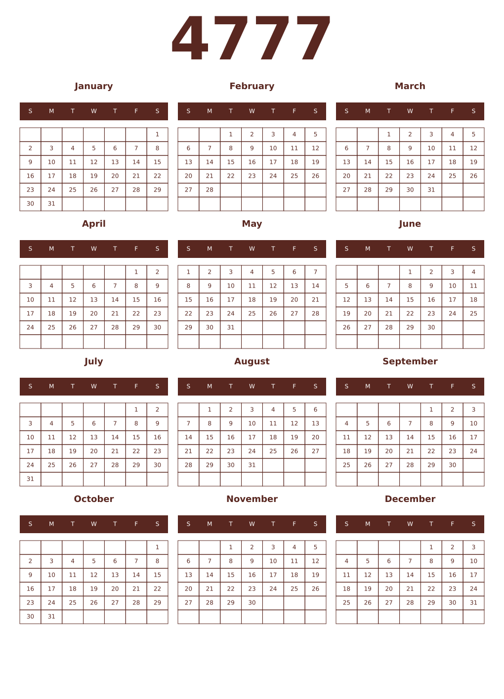 Printable 4777 Year Calendars mortuum