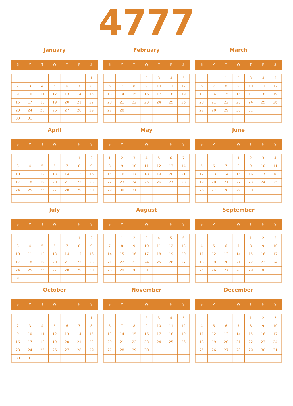 Printable 4777 Year Calendars orange