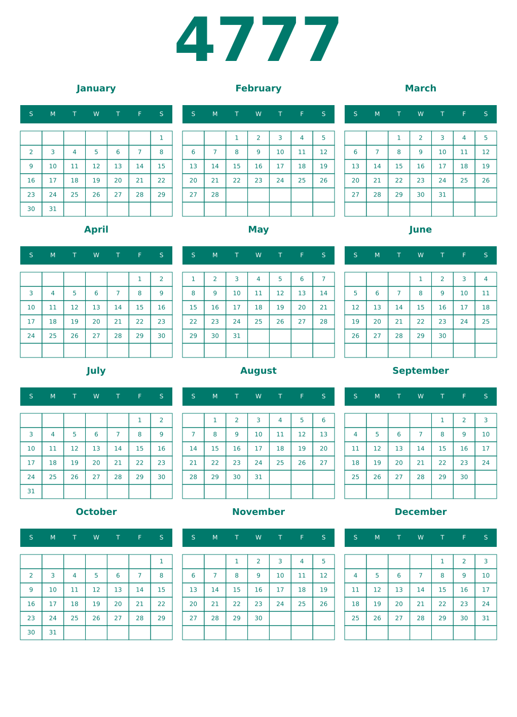 Printable 4777 Year Calendars pastel