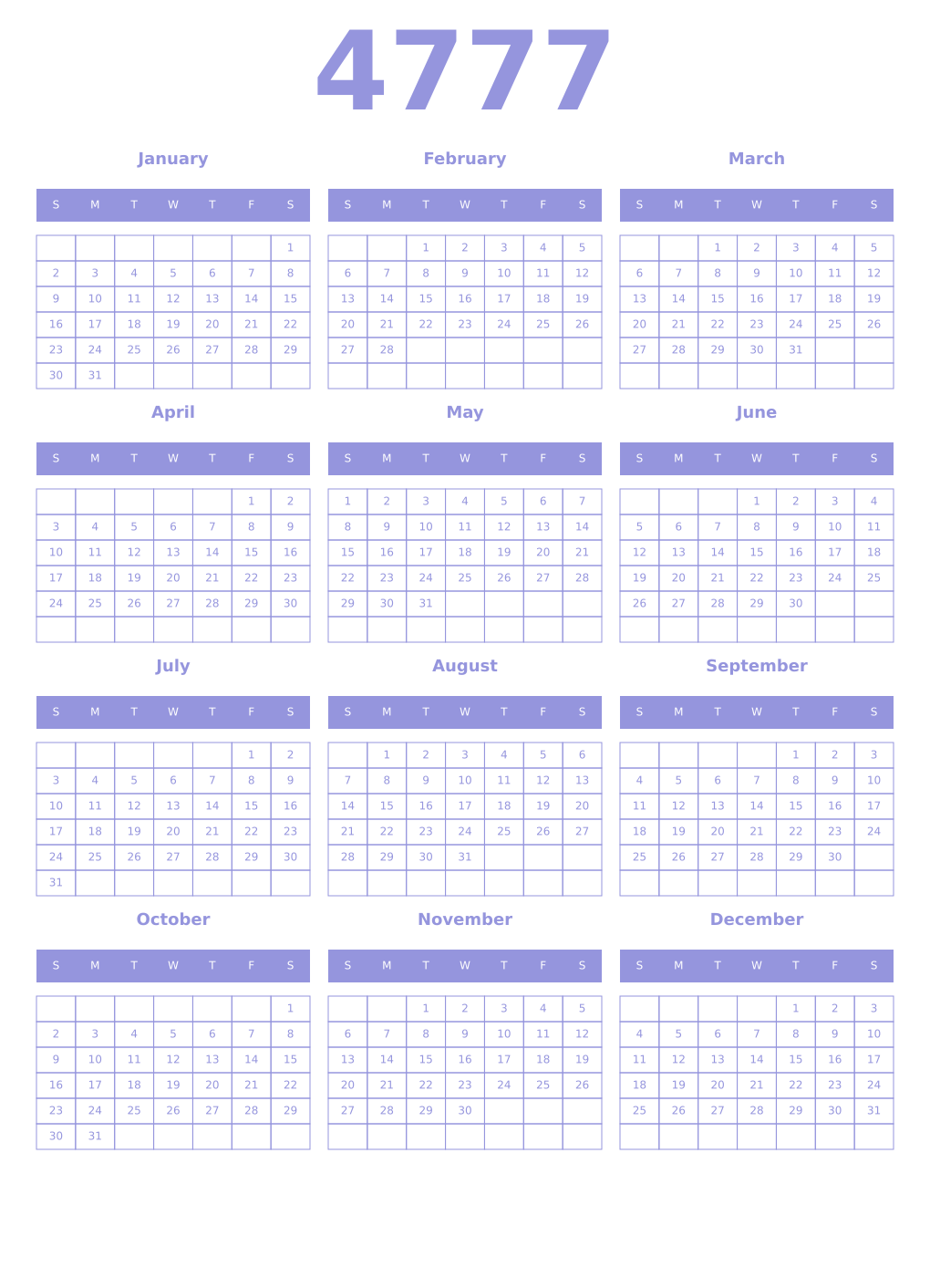 Printable 4777 Year Calendars periwinkle