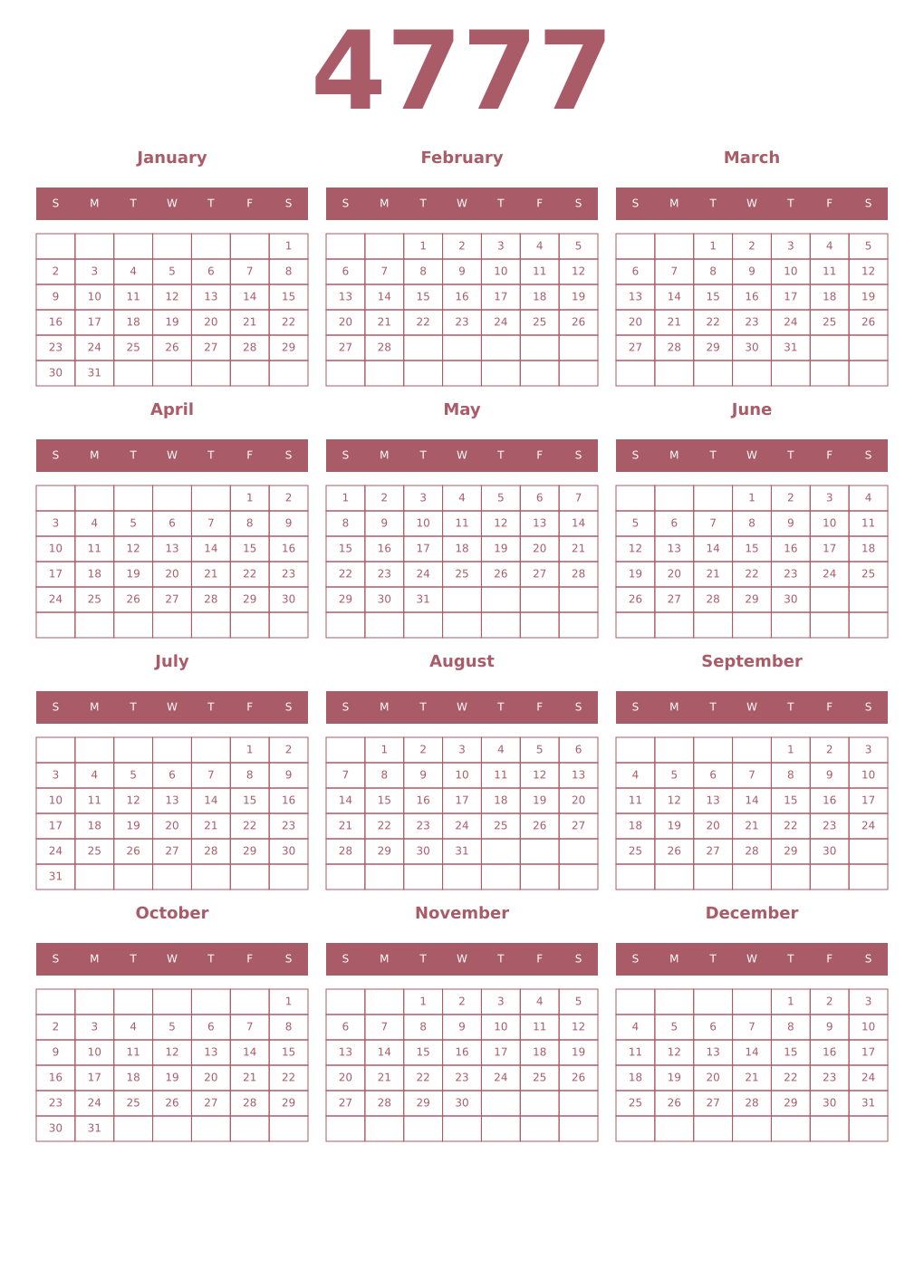 Printable 4777 Year Calendars puce