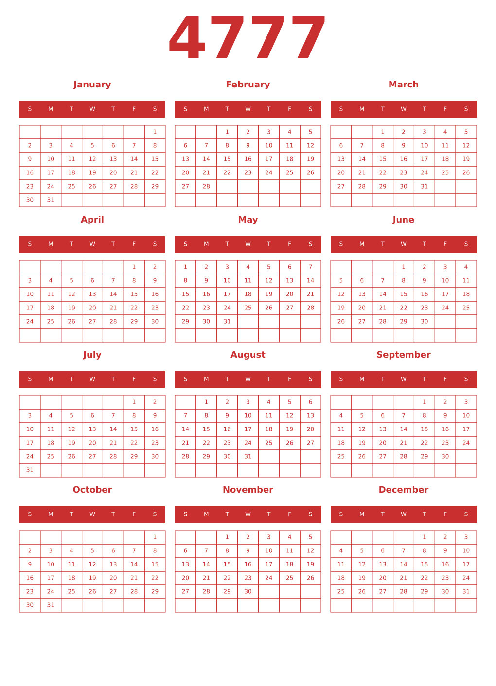Printable 4777 Year Calendars red