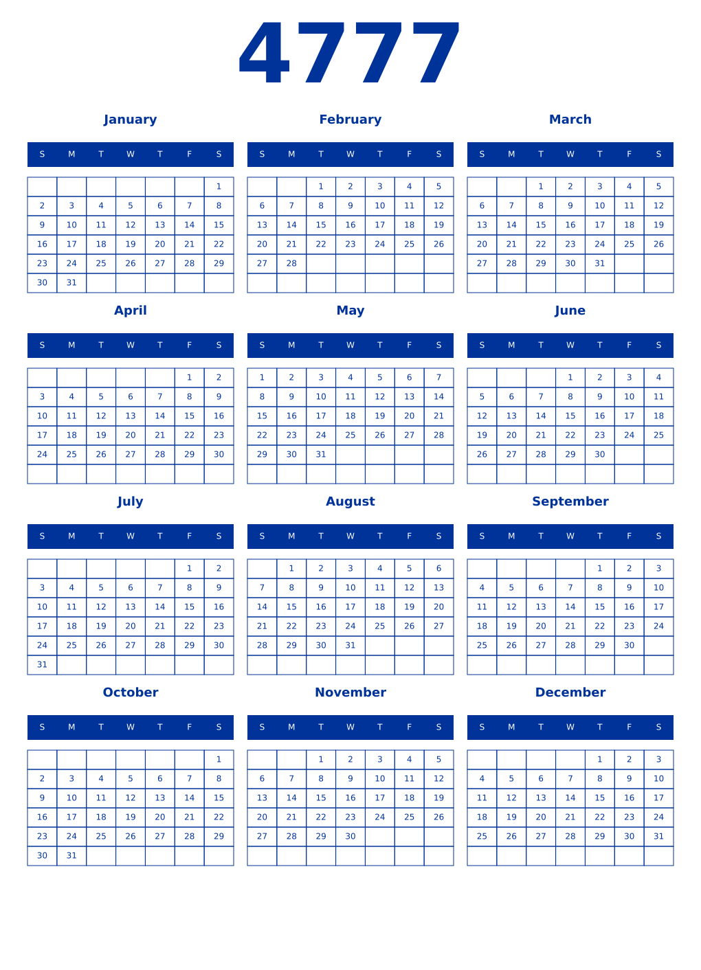 Printable 4777 Year Calendars smalt