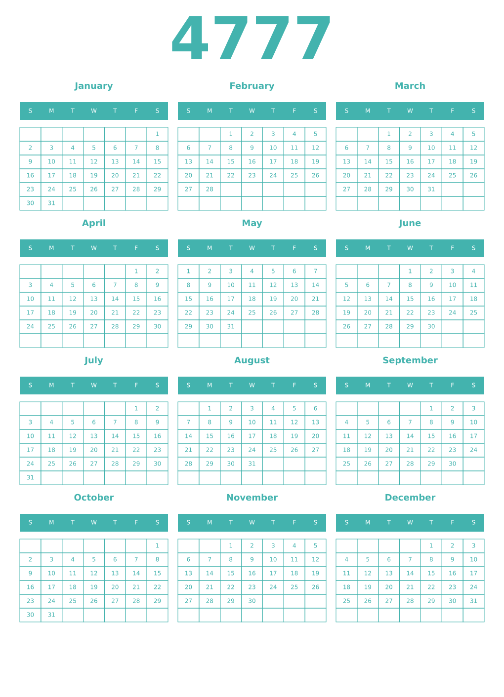 Printable 4777 Year Calendars verdigris