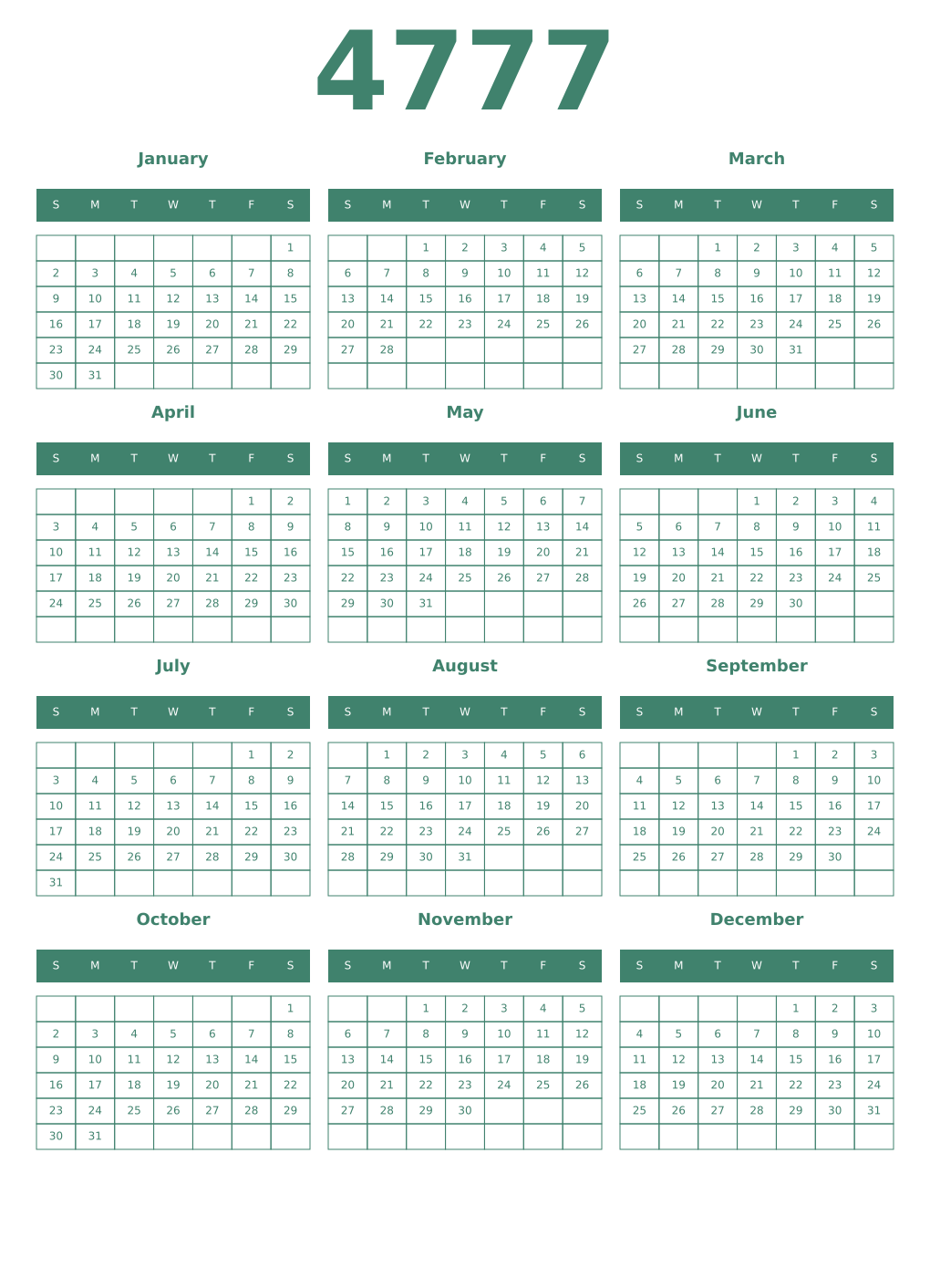 Printable 4777 Year Calendars viridian