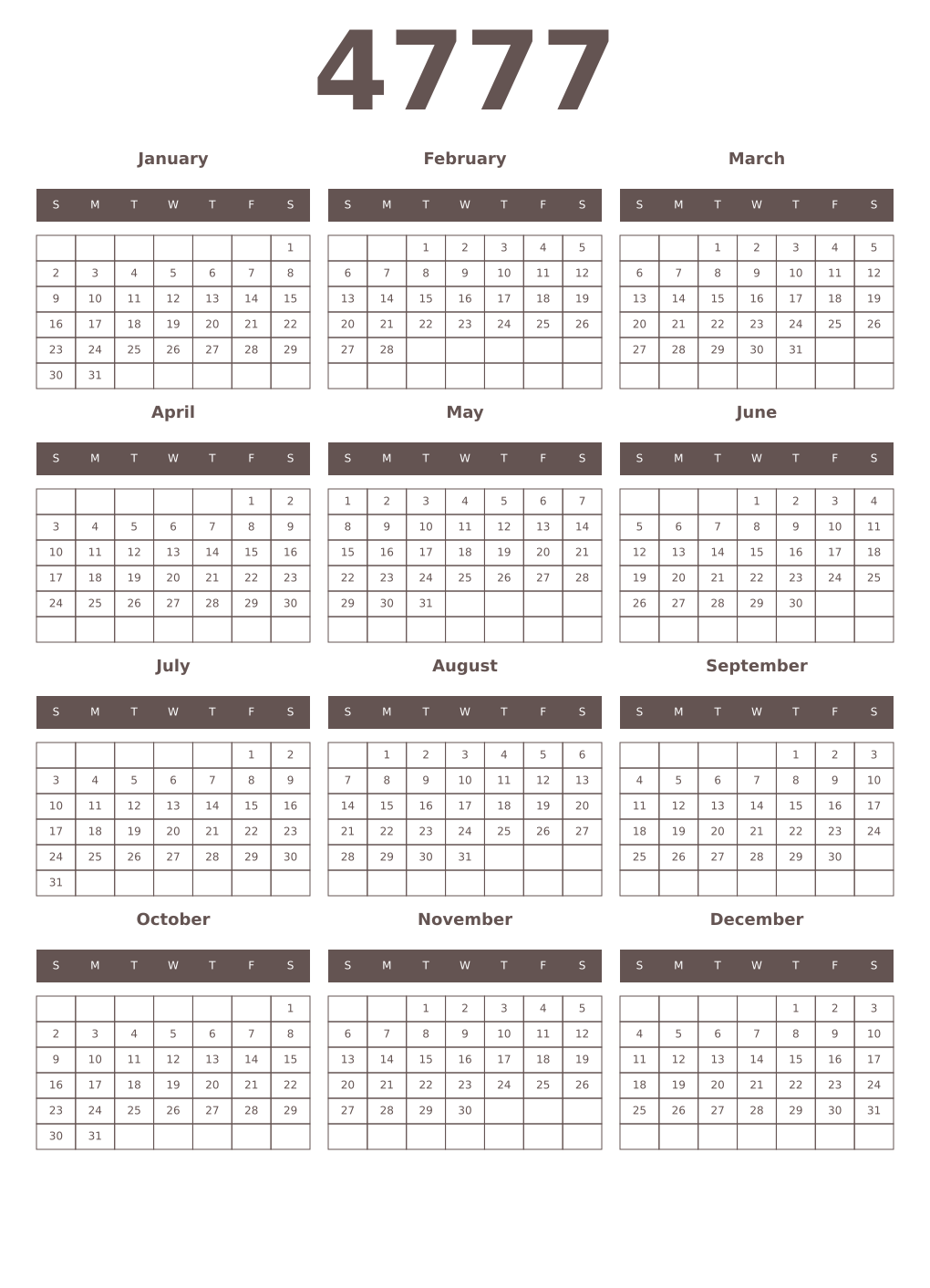 Printable 4777 Year Calendars wenge
