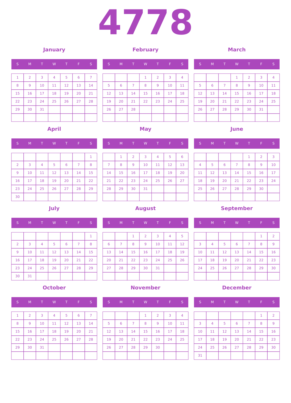 Printable 4778 Year Calendars purple