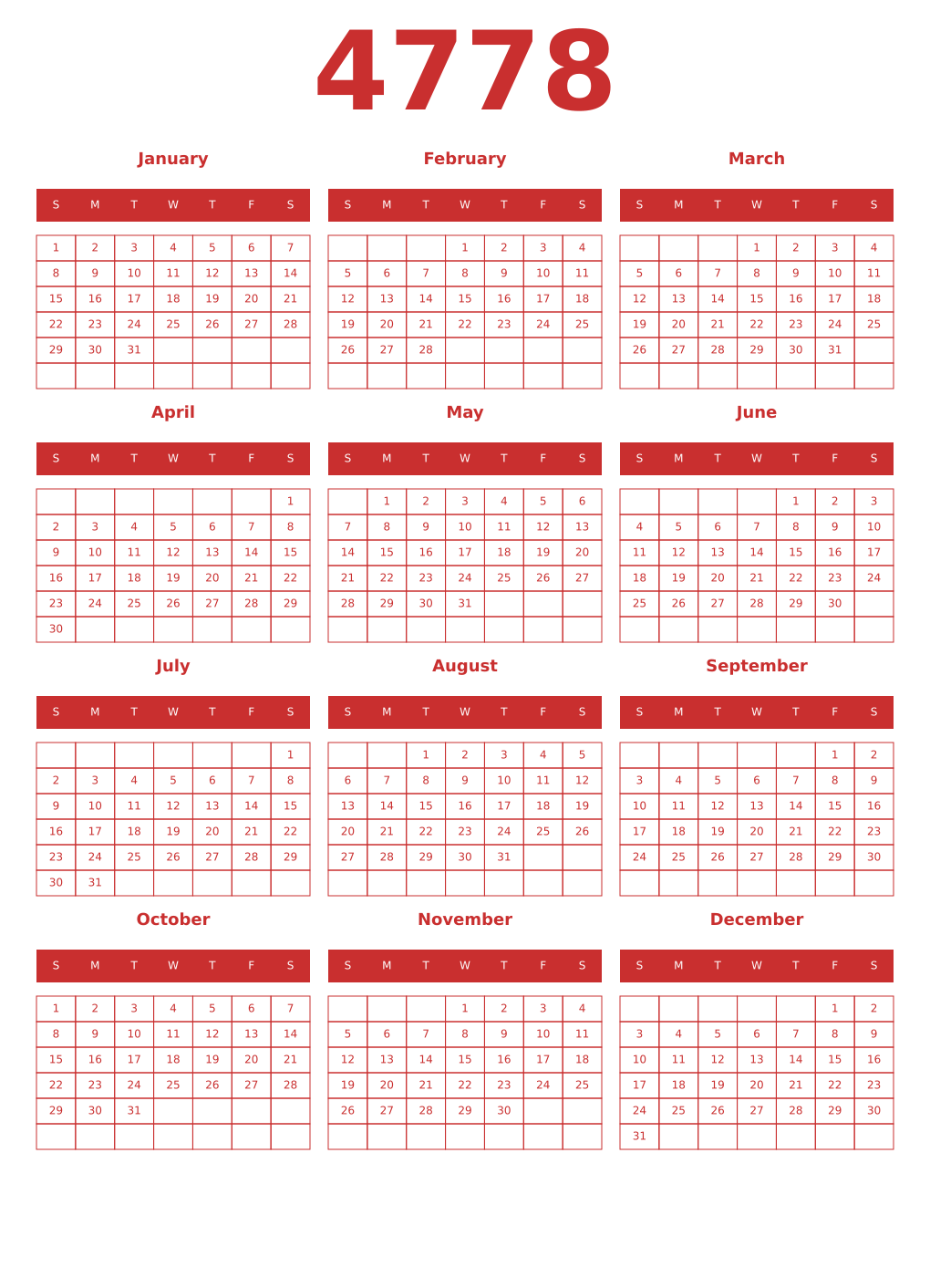 Printable 4778 Year Calendars red