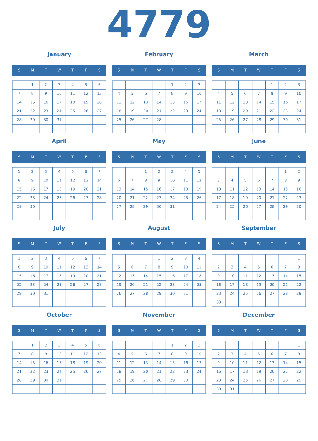 Printable 4779 Year Calendars blue
