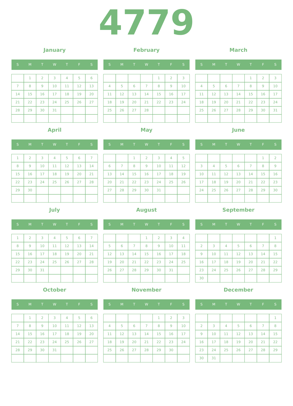 Printable 4779 Year Calendars celadon