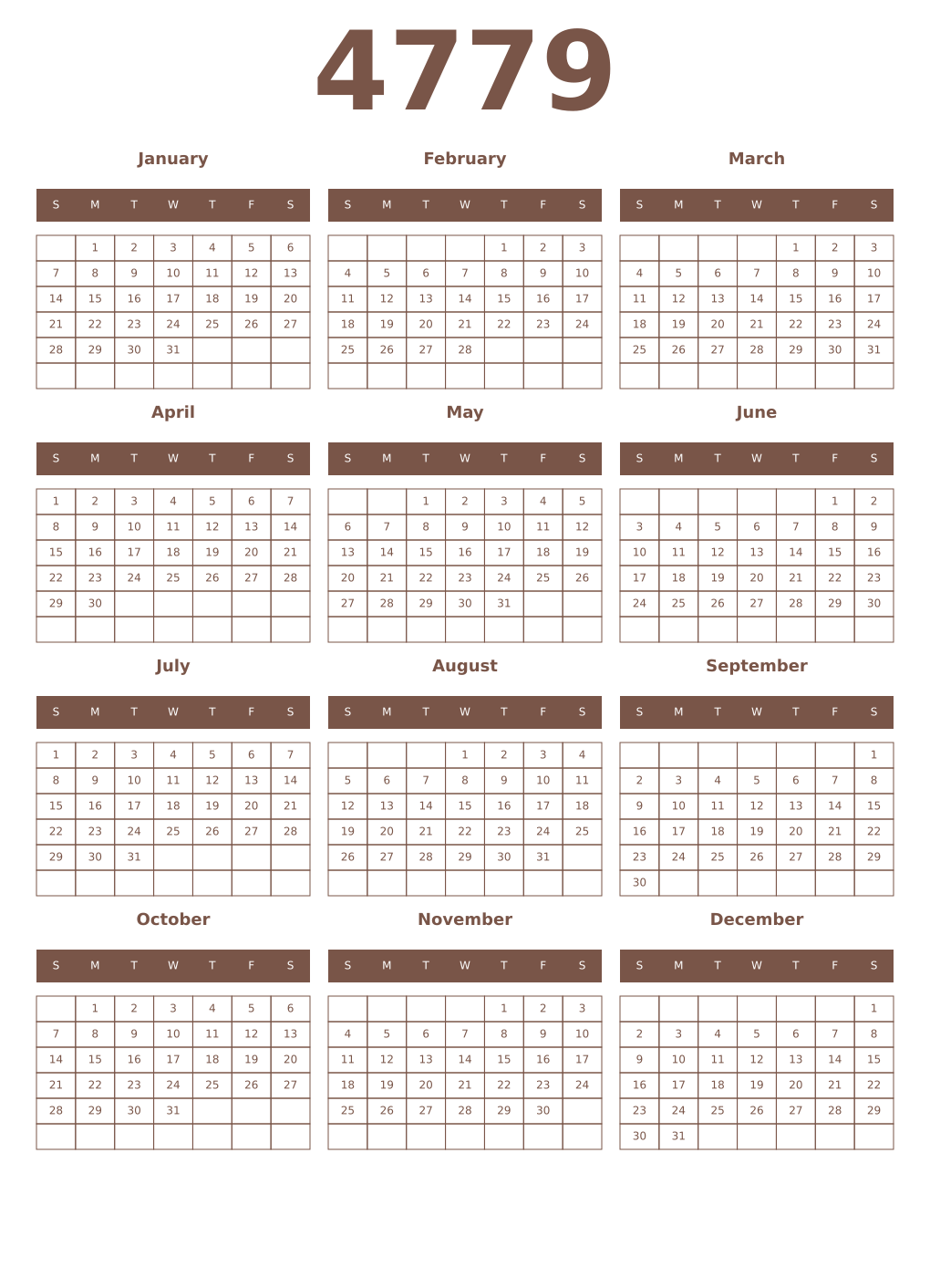 Printable 4779 Year Calendars coffe