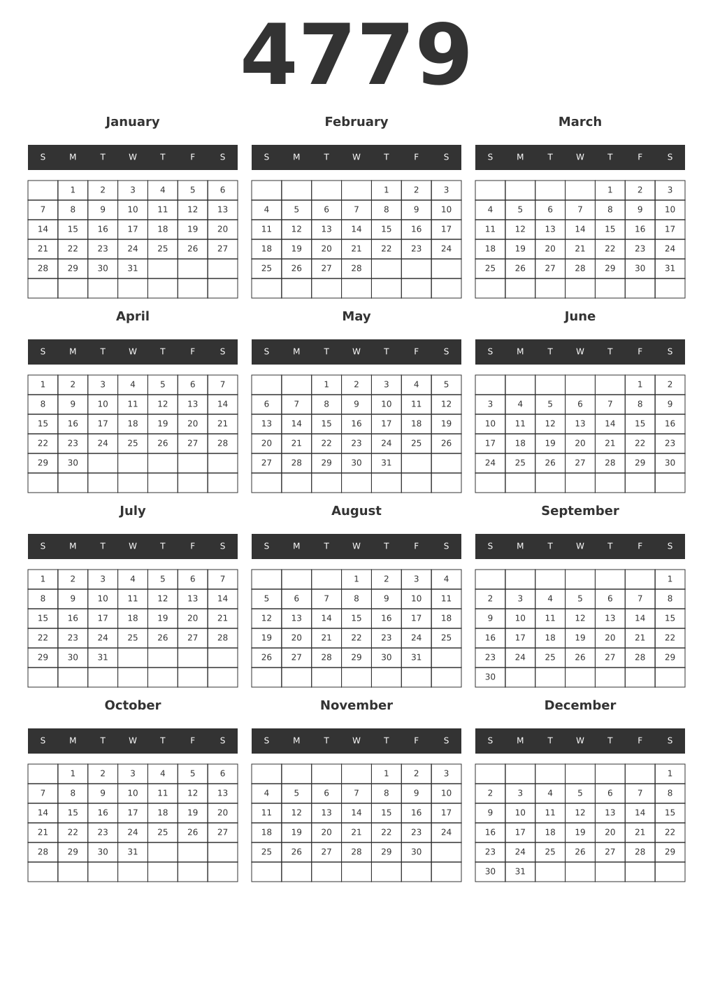 Printable 4779 Year Calendars dark