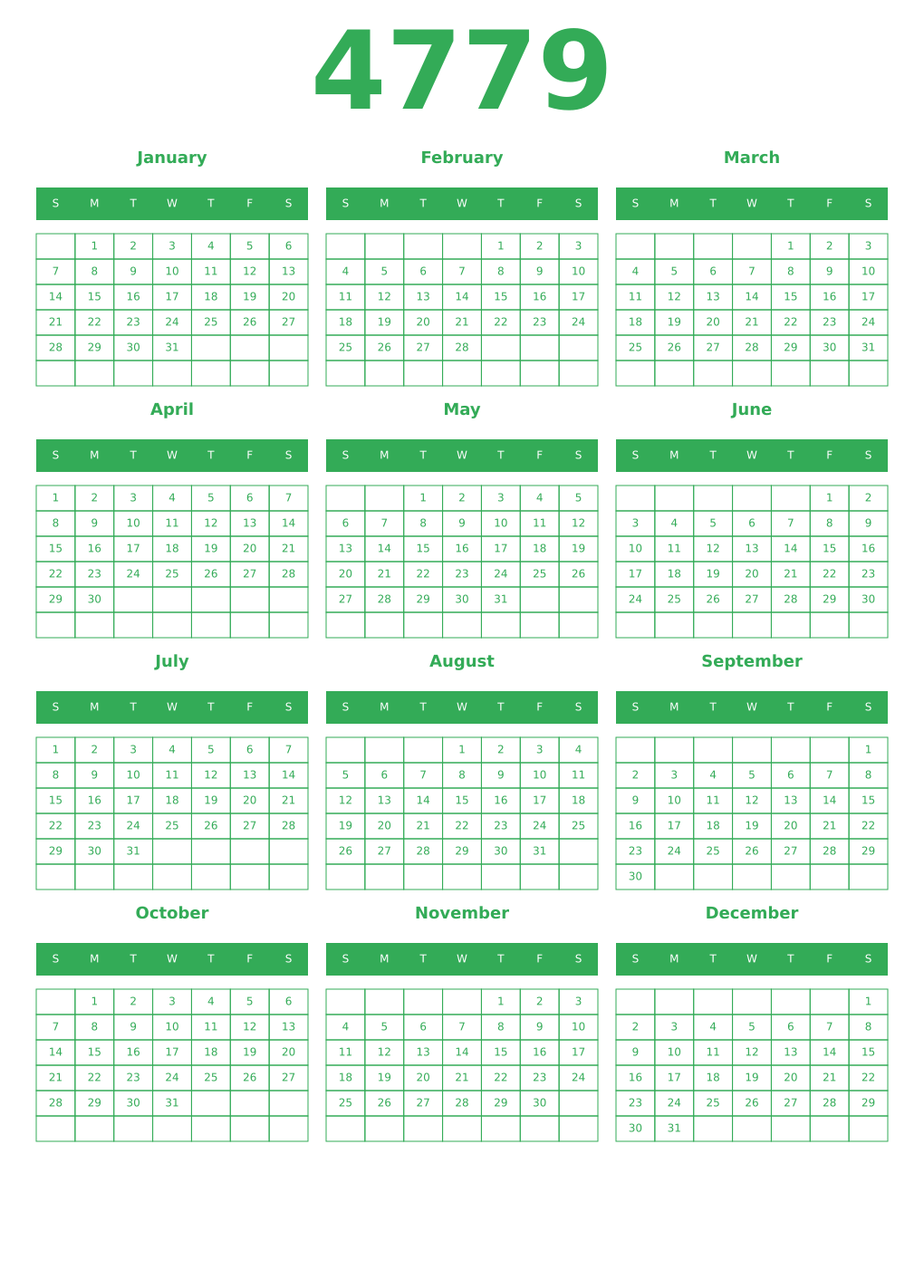 Printable 4779 Year Calendars green