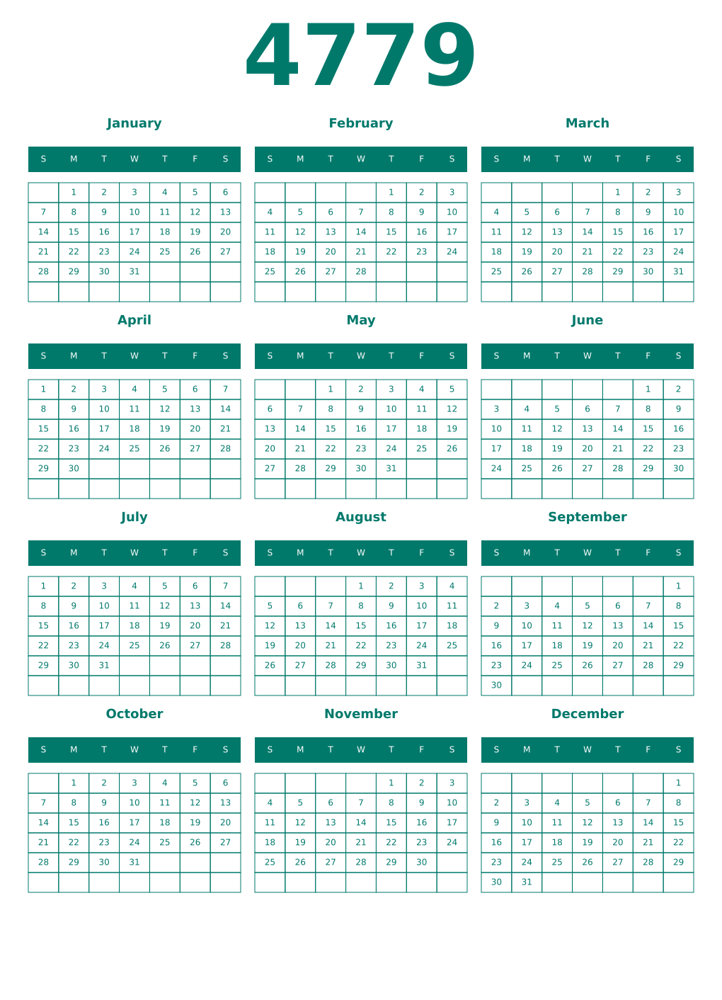 Printable 4779 Year Calendars pastel