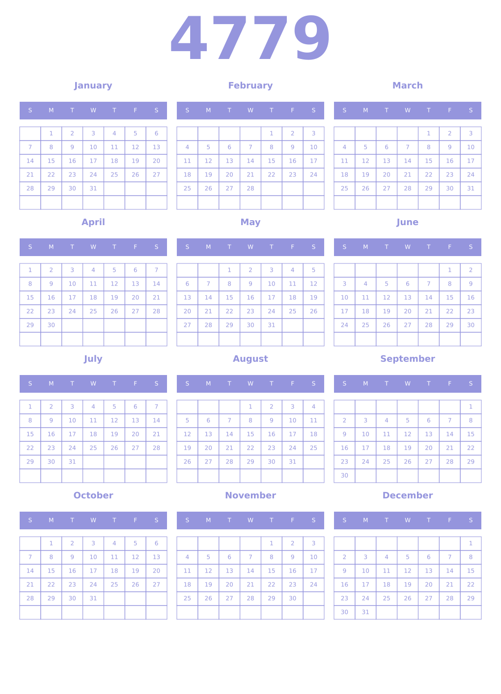Printable 4779 Year Calendars periwinkle