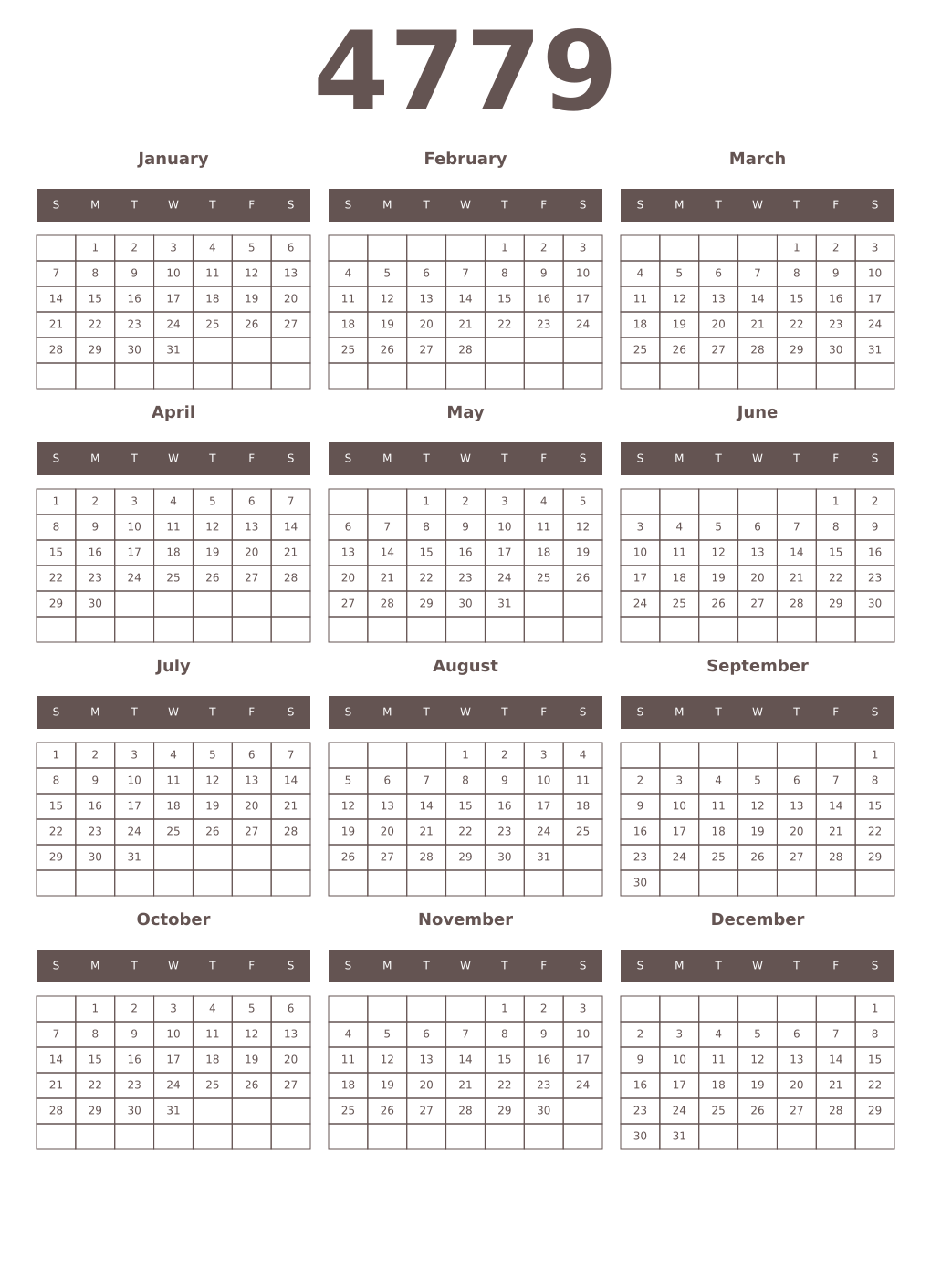 Printable 4779 Year Calendars wenge