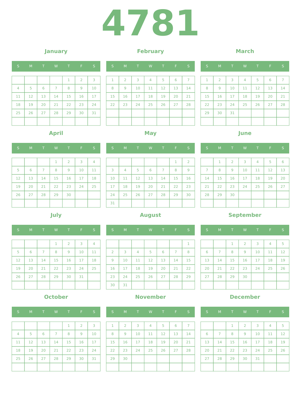 Printable 4781 Year Calendars celadon