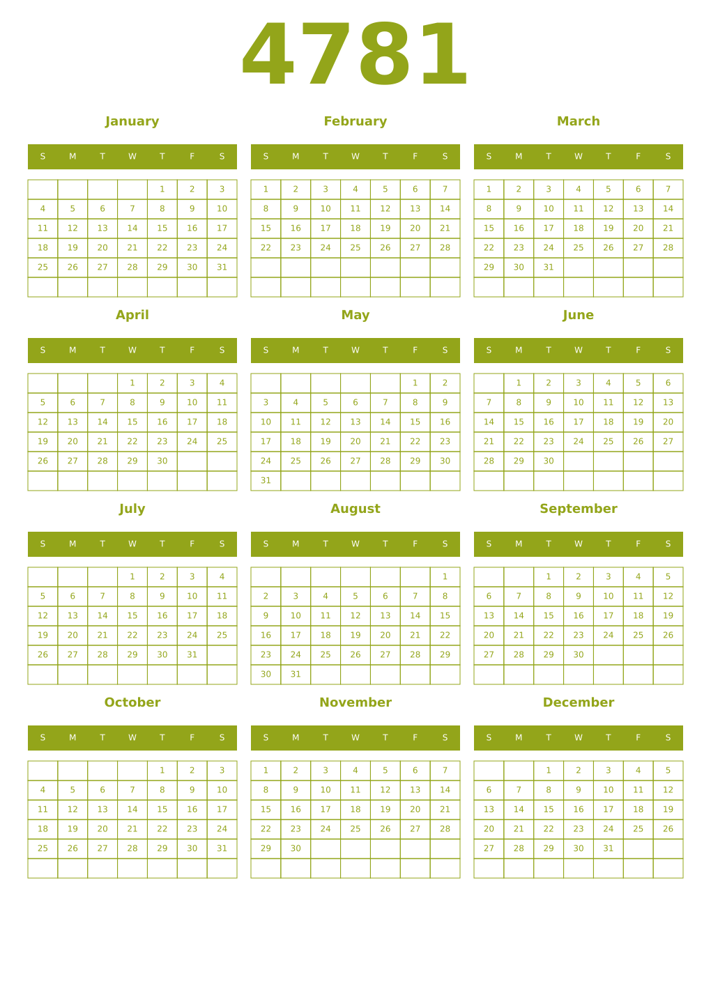 Printable 4781 Year Calendars chartreuse