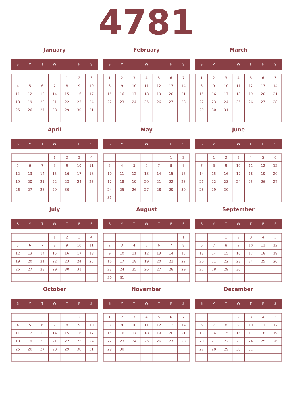 Printable 4781 Year Calendars cordovan