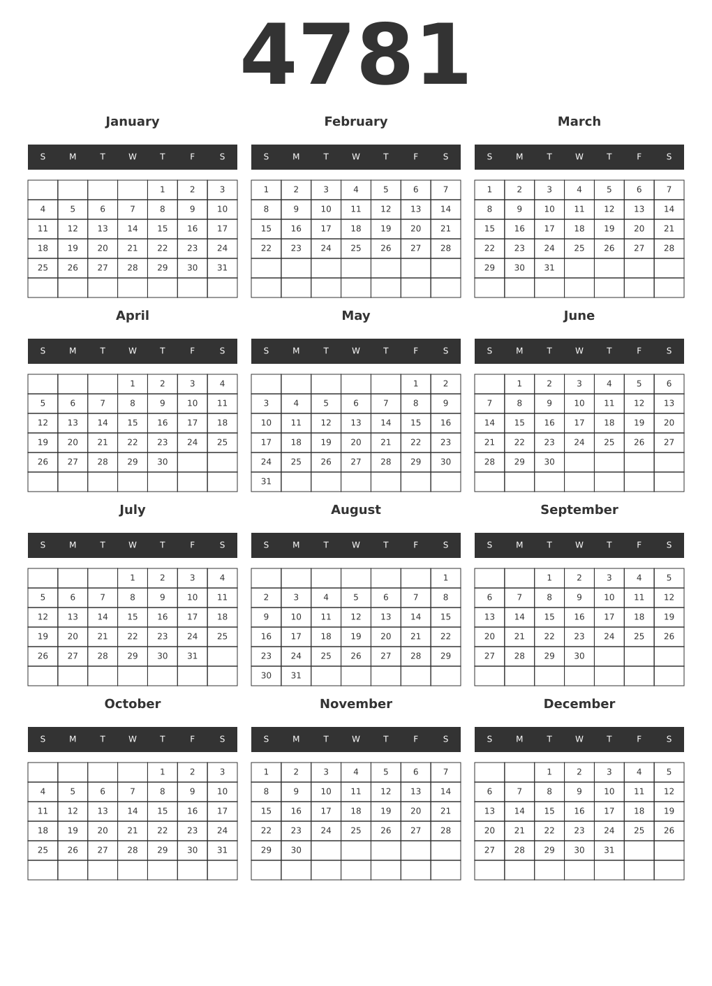 Printable 4781 Year Calendars dark