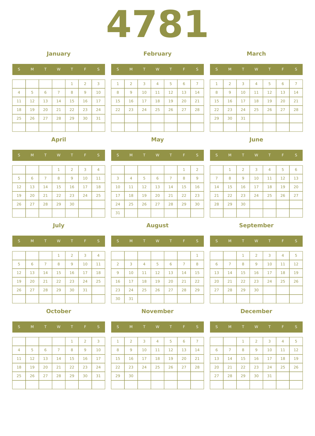 Printable 4781 Year Calendars eburnean