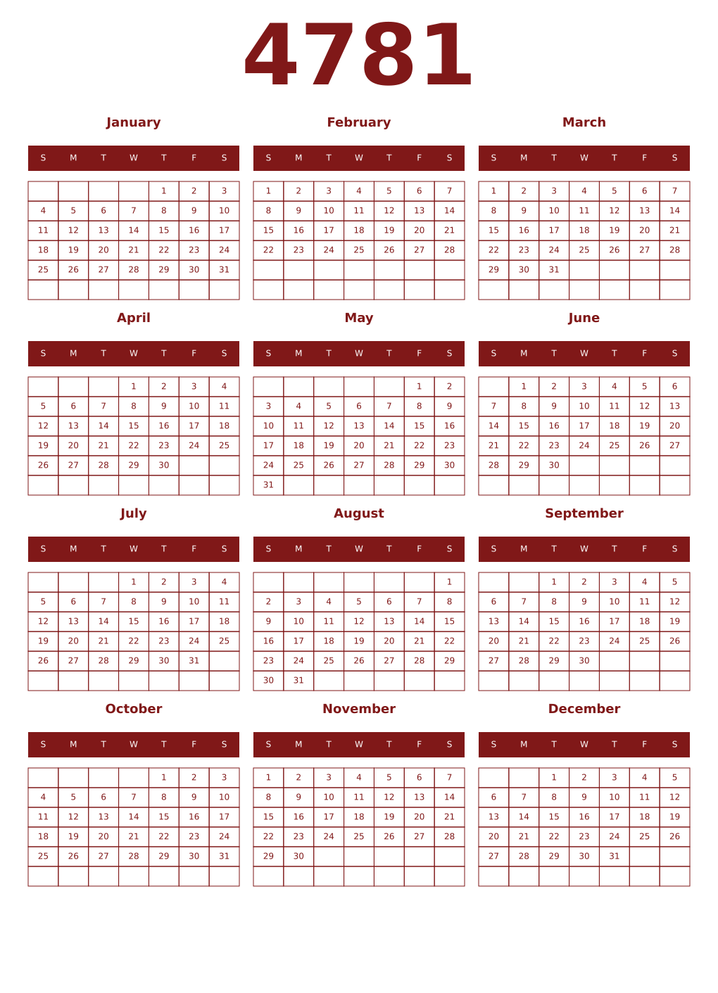Printable 4781 Year Calendars falu