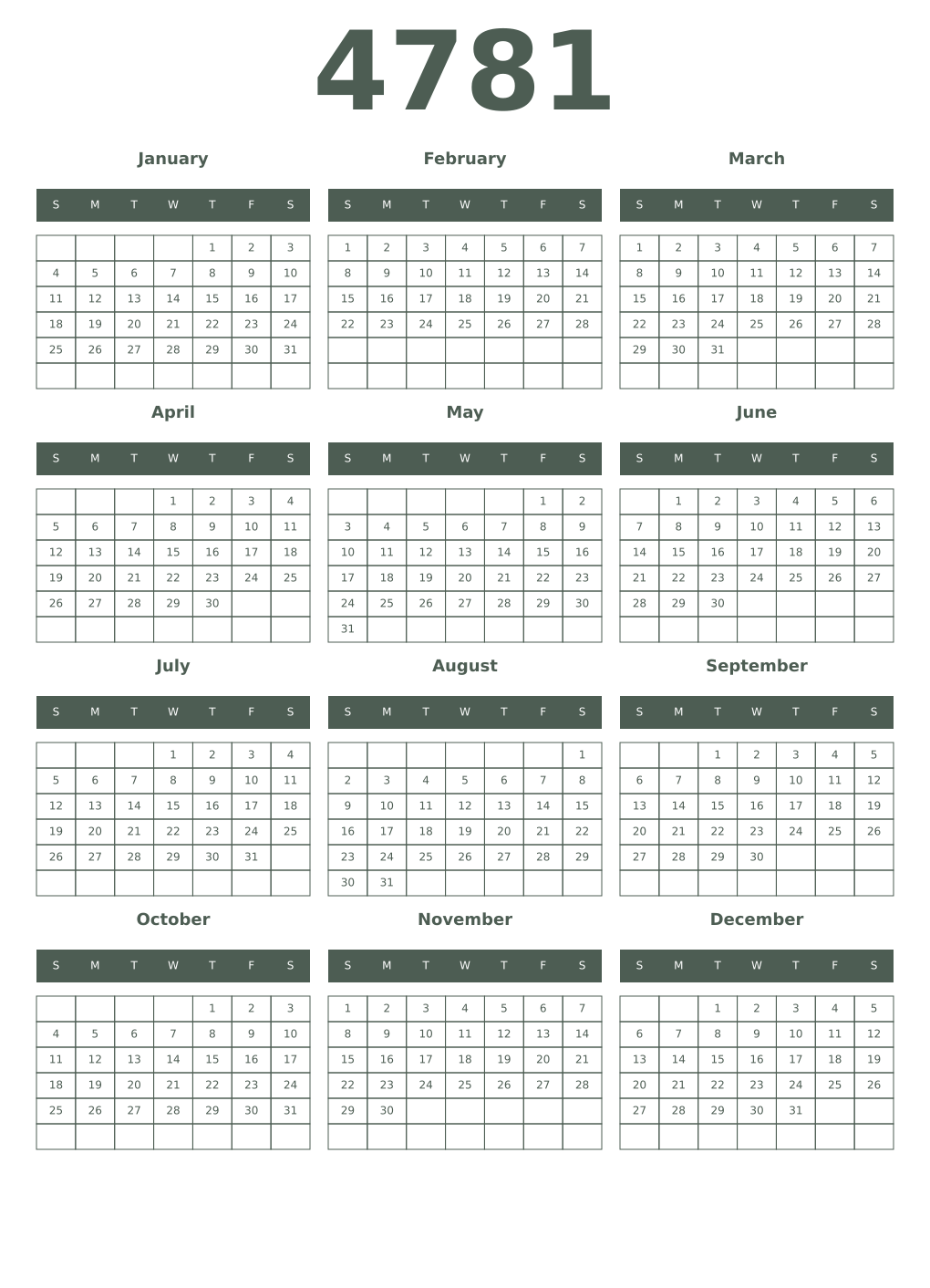 Printable 4781 Year Calendars feldgrau