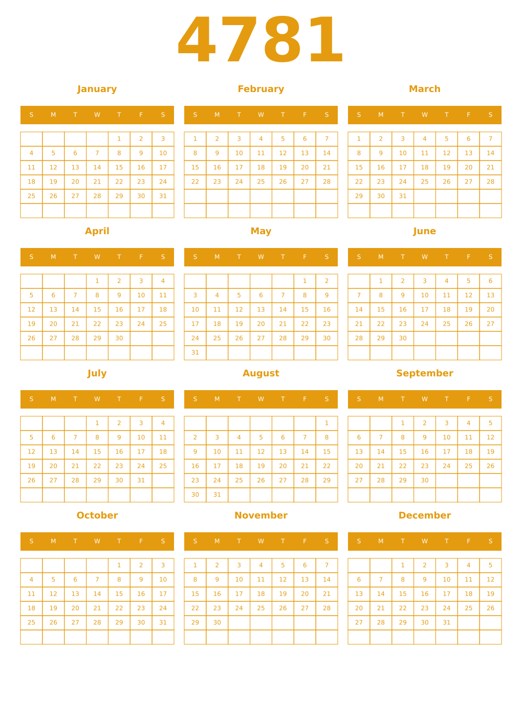 Printable 4781 Year Calendars gamboge