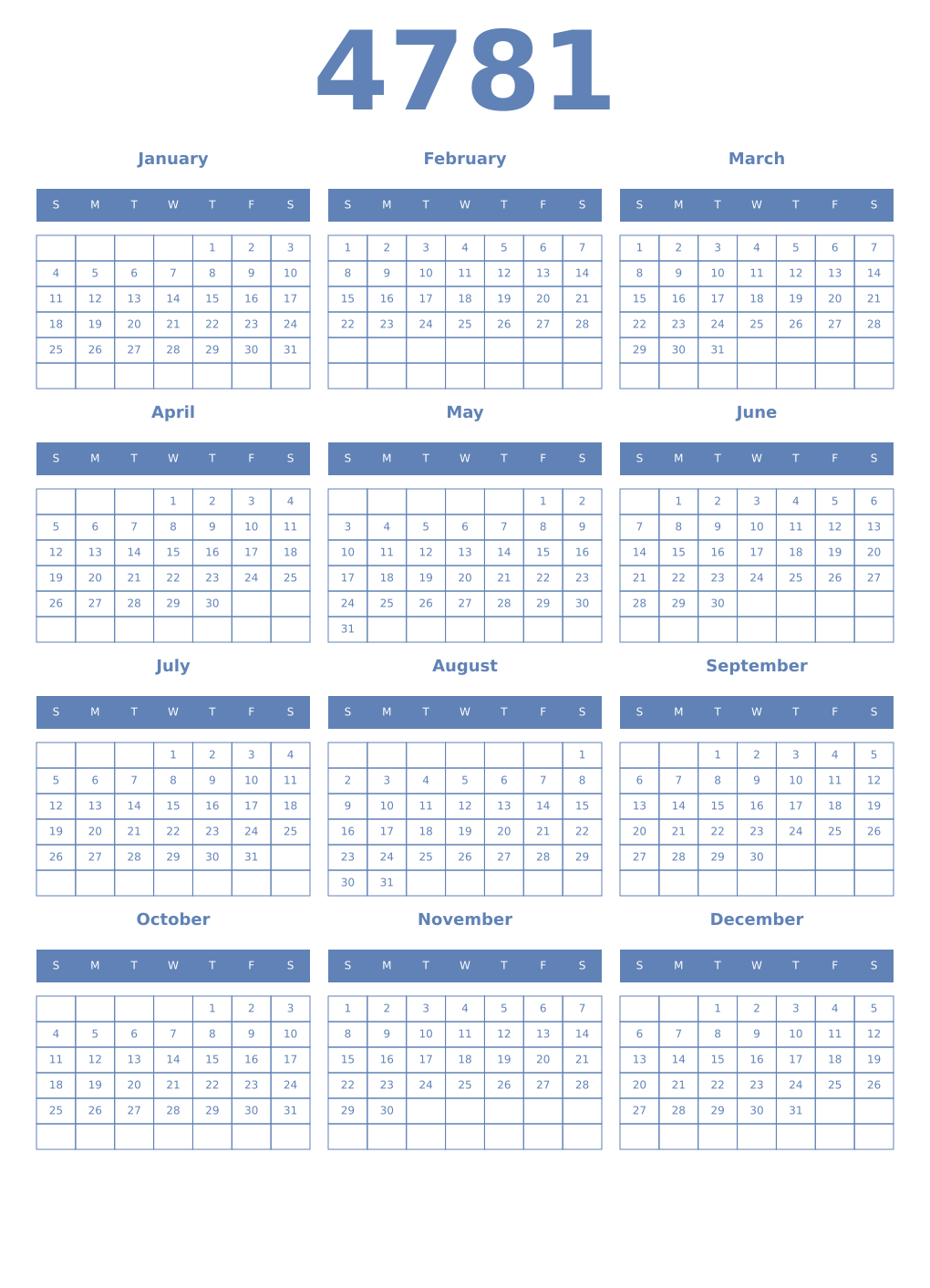 Printable 4781 Year Calendars glaucous