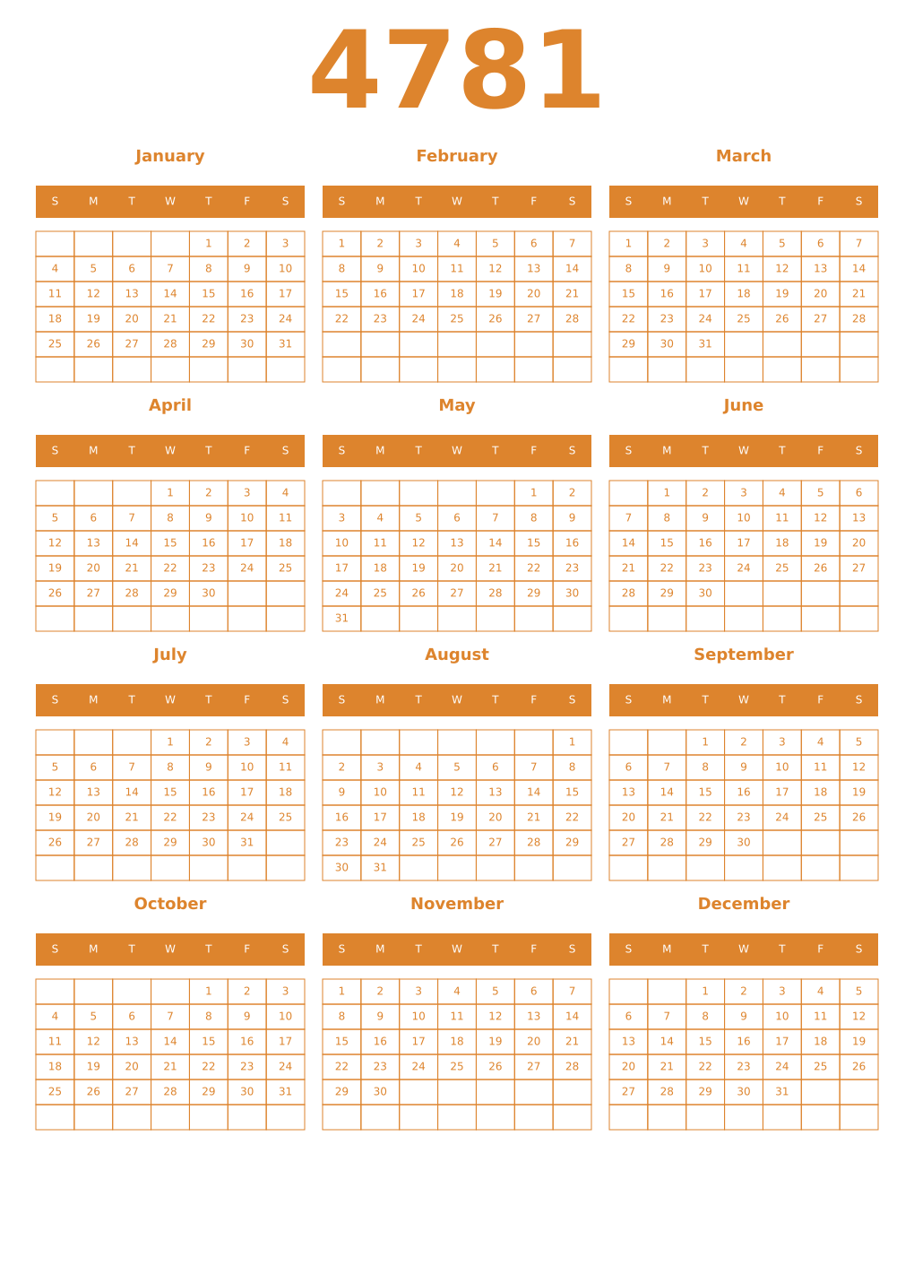 Printable 4781 Year Calendars orange