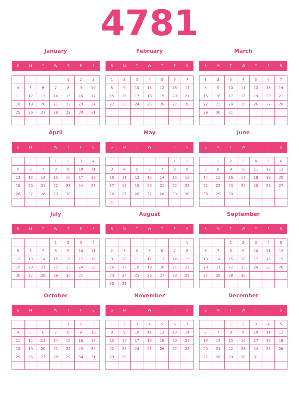 Printable 4781 Year Calendars pink
