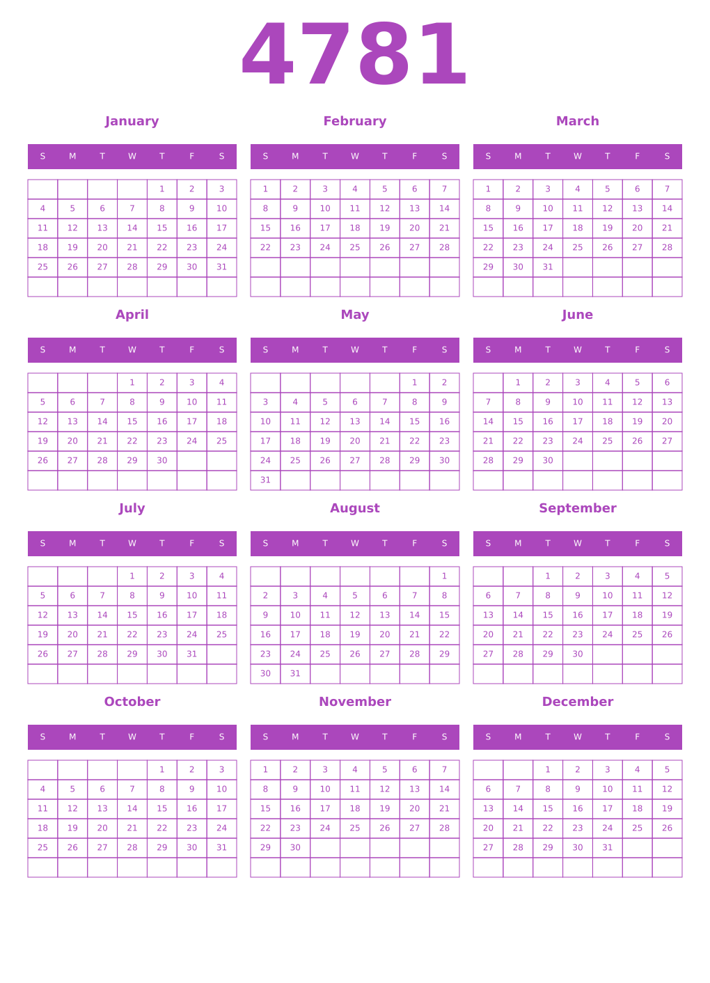 Printable 4781 Year Calendars purple