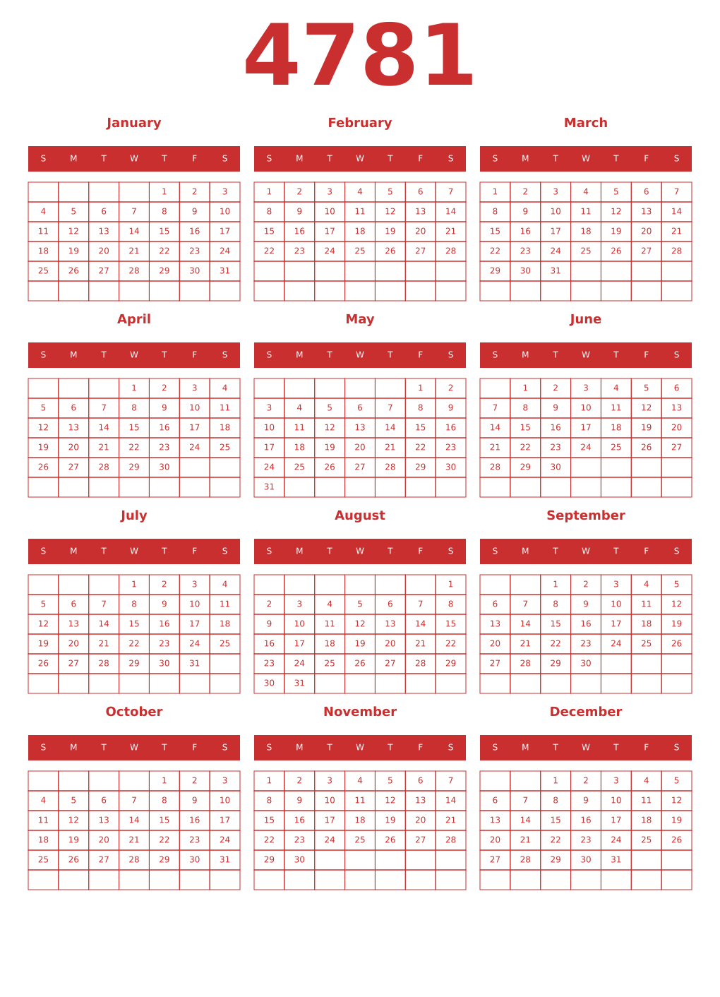 Printable 4781 Year Calendars red