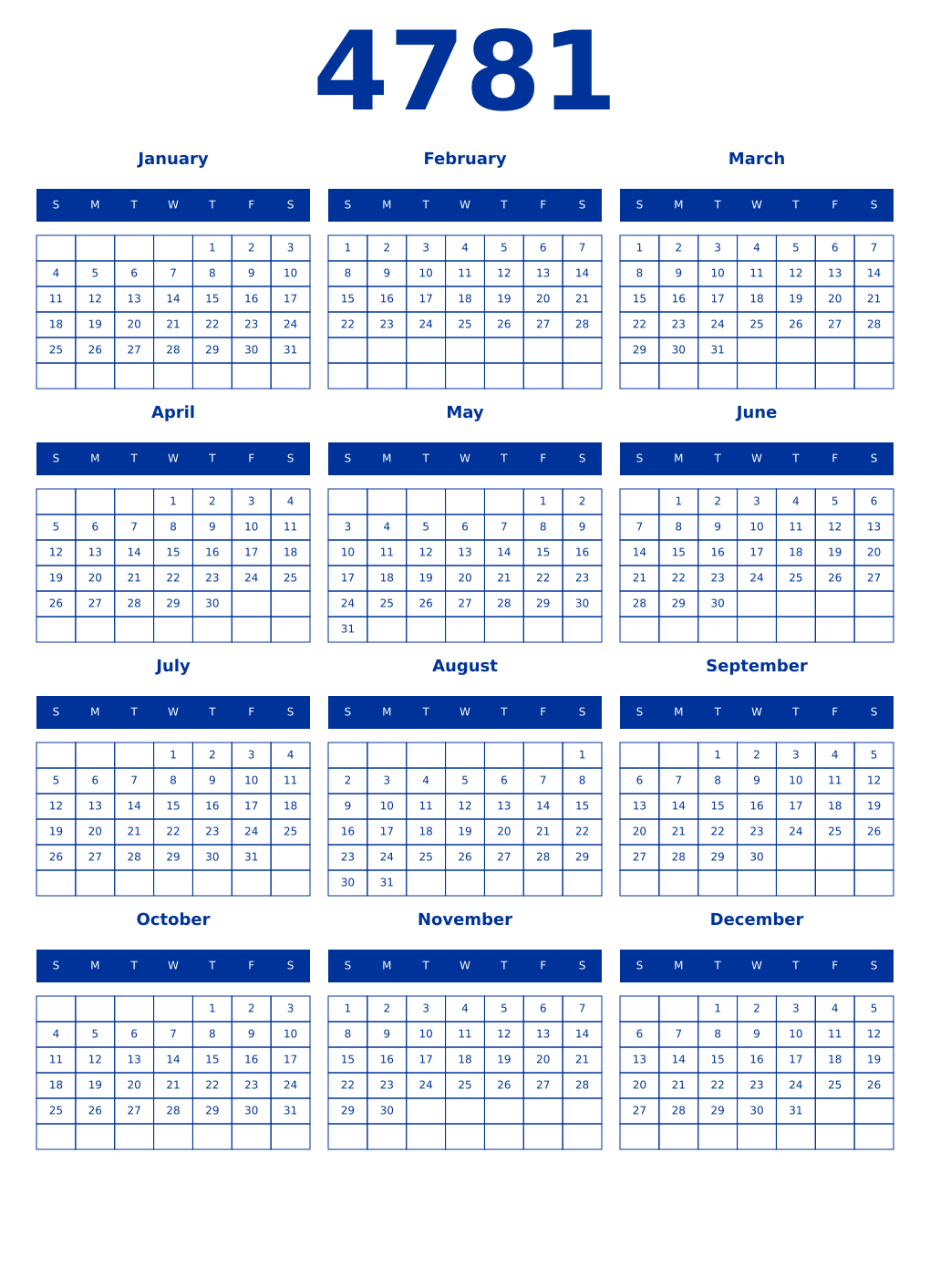 Printable 4781 Year Calendars smalt