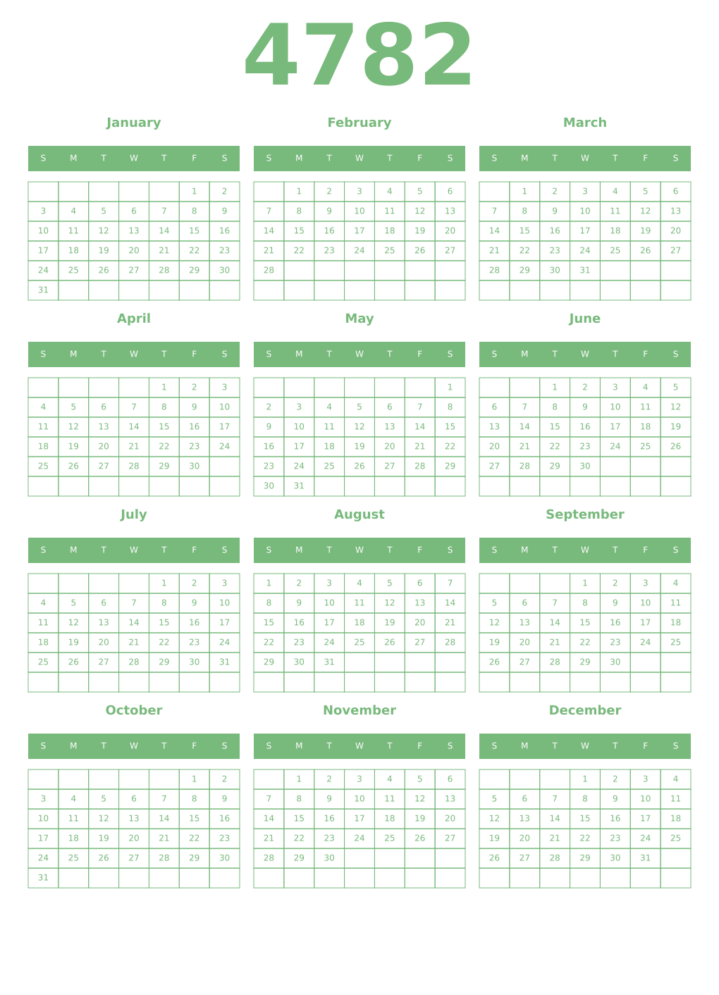 Printable 4782 Year Calendars celadon
