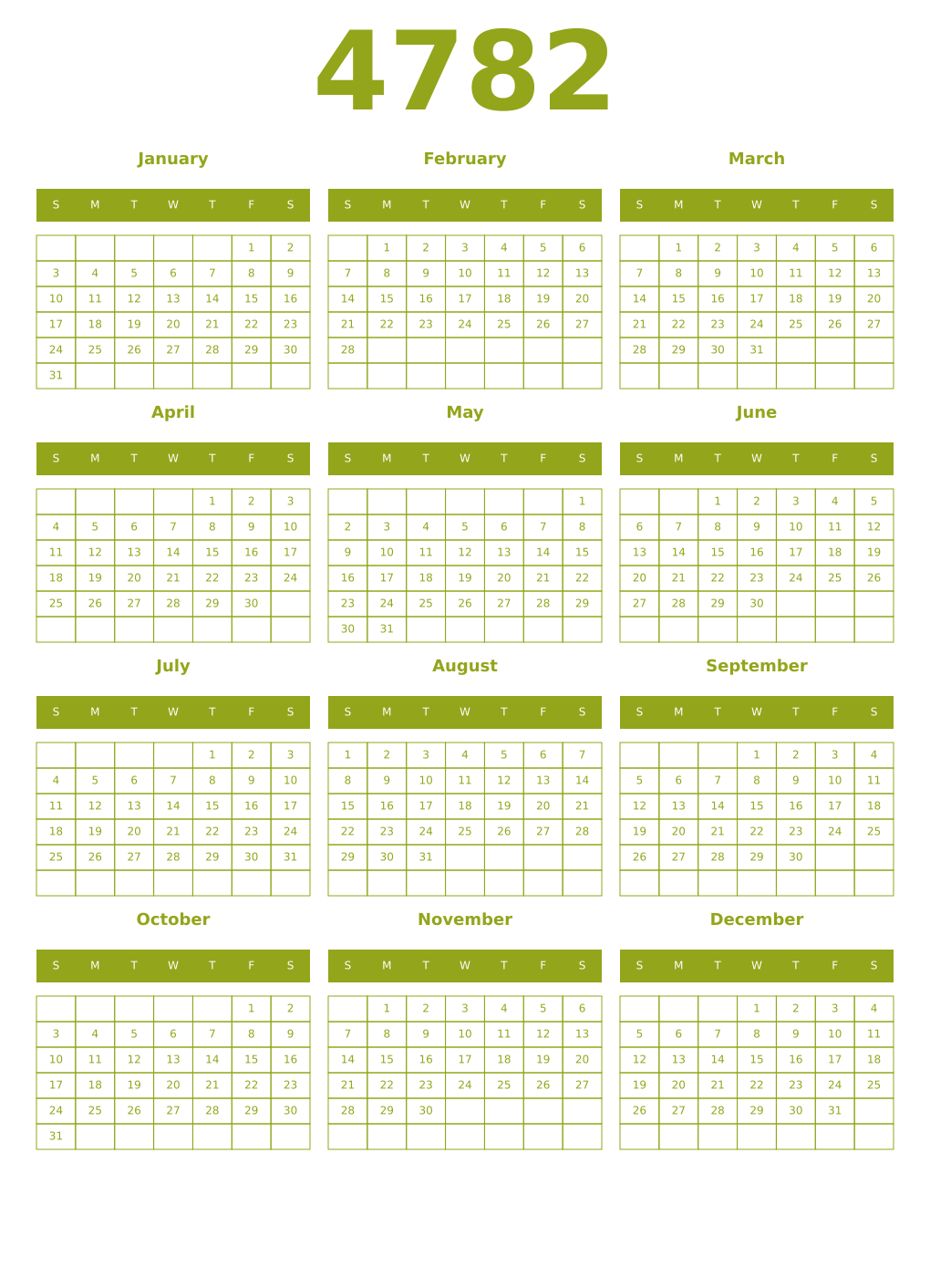 Printable 4782 Year Calendars chartreuse
