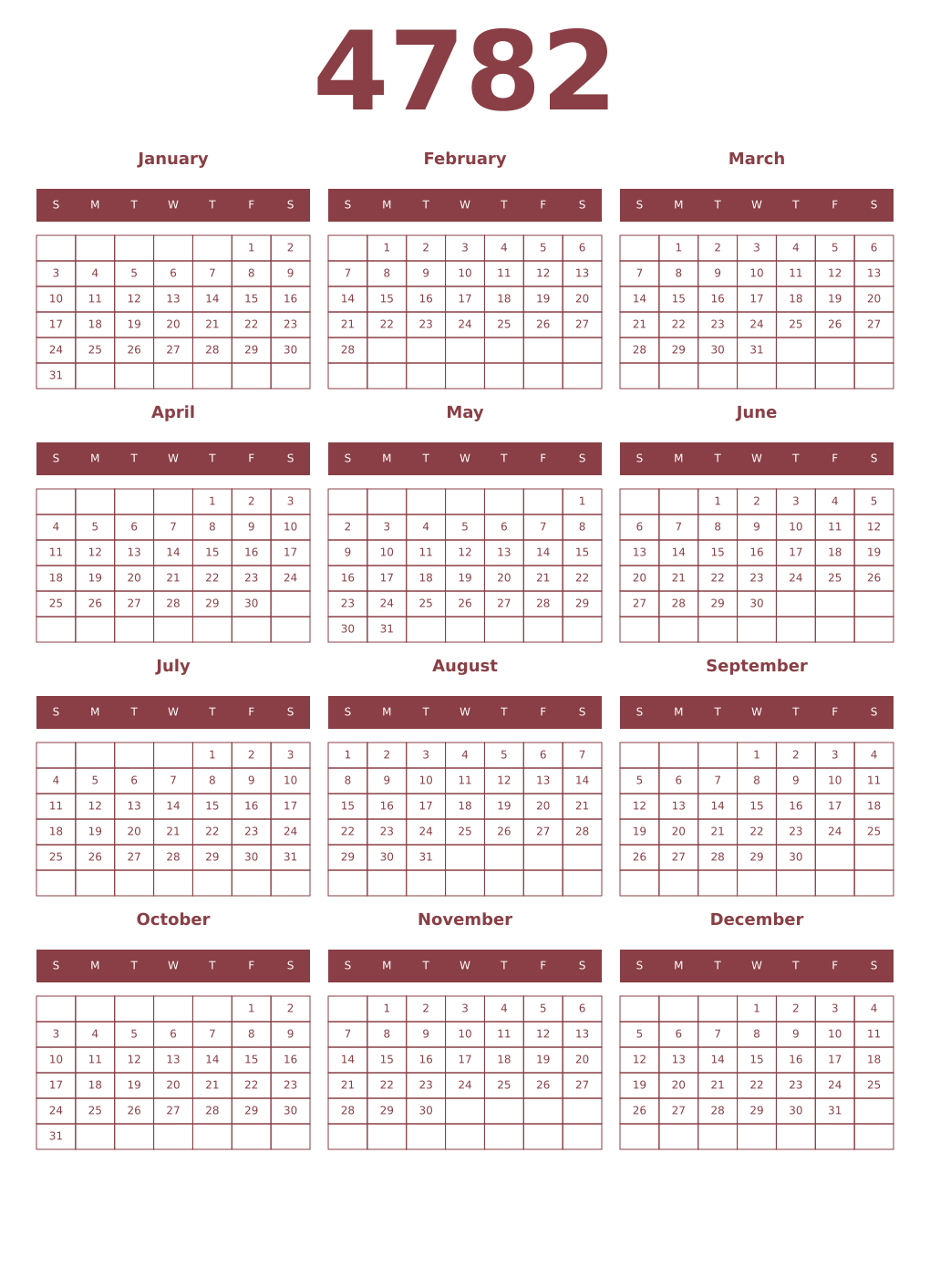 Printable 4782 Year Calendars cordovan