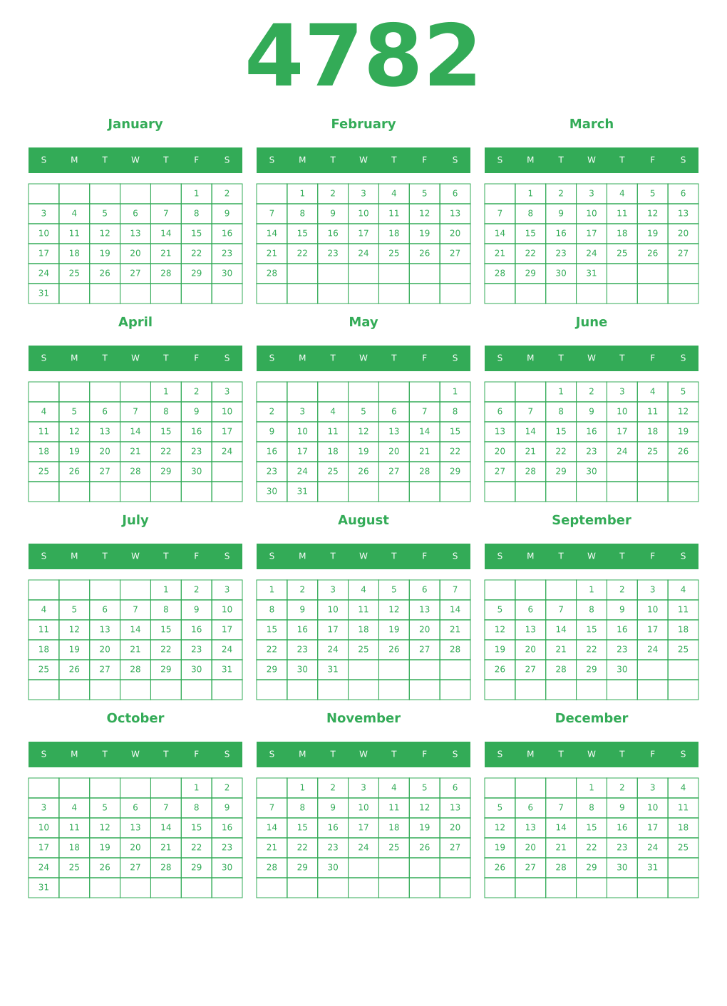 Printable 4782 Year Calendars green