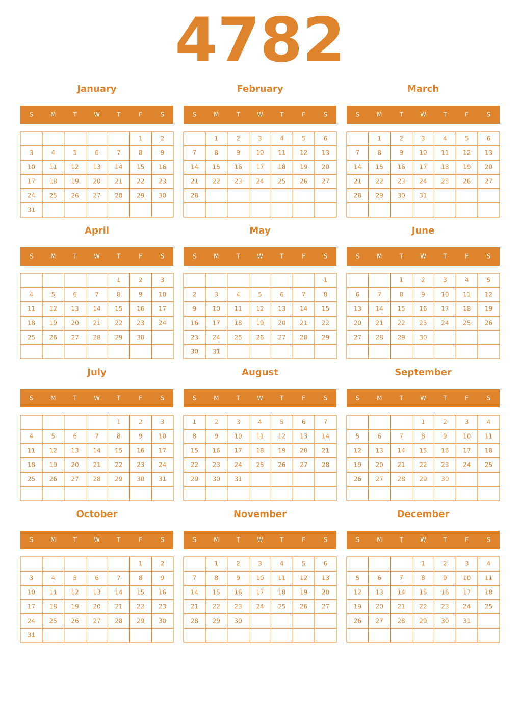 Printable 4782 Year Calendars orange