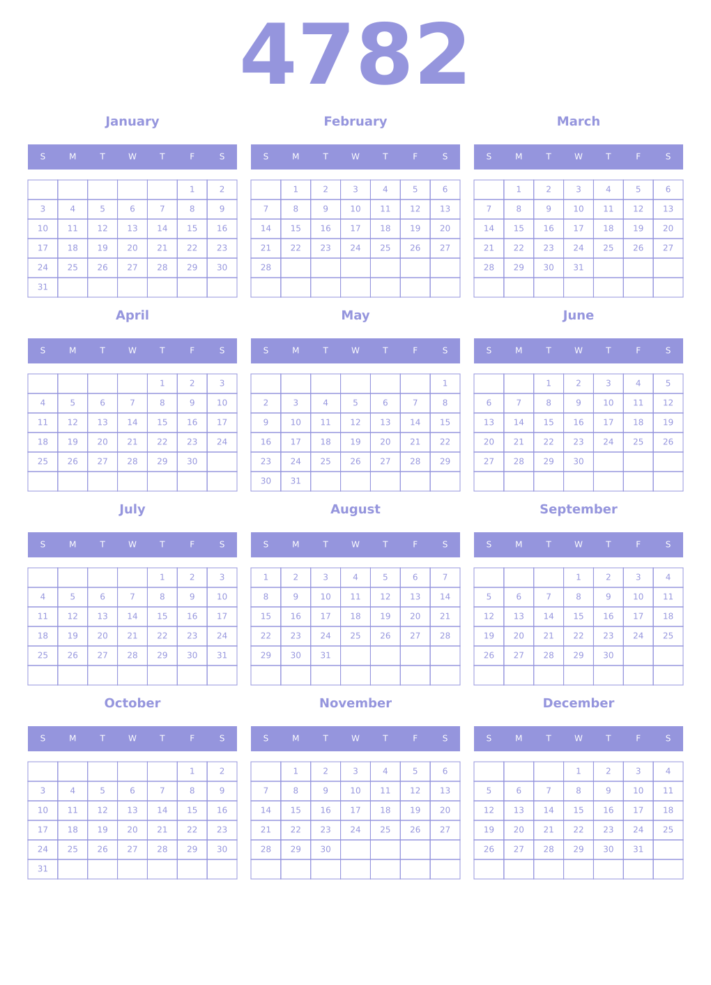 Printable 4782 Year Calendars periwinkle
