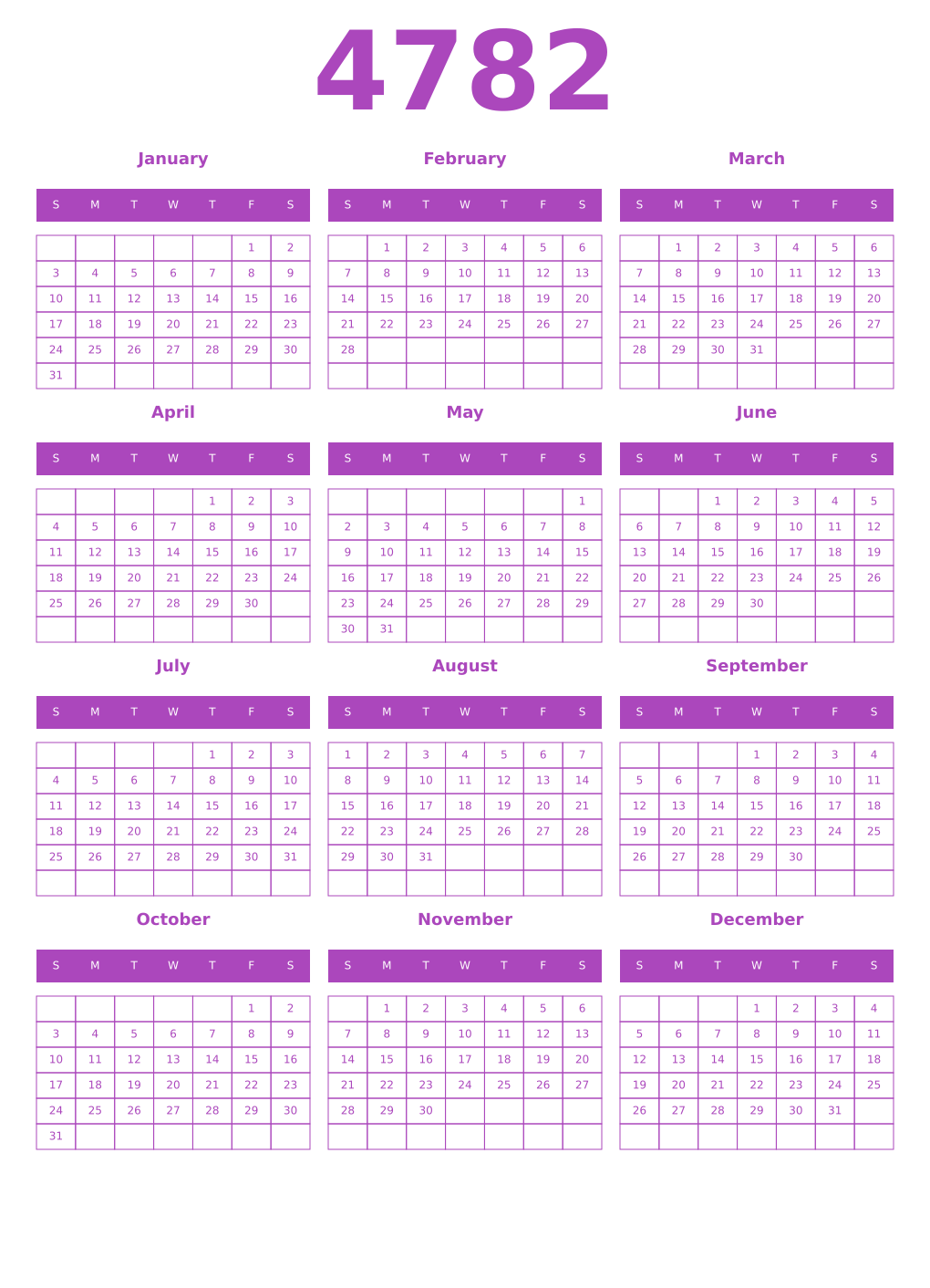 Printable 4782 Year Calendars purple