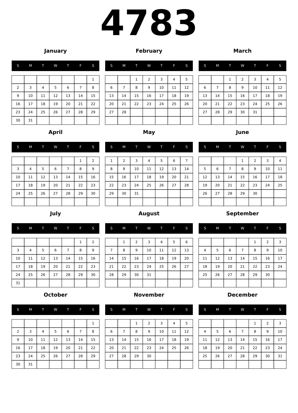 Printable 4783 Year Calendars black