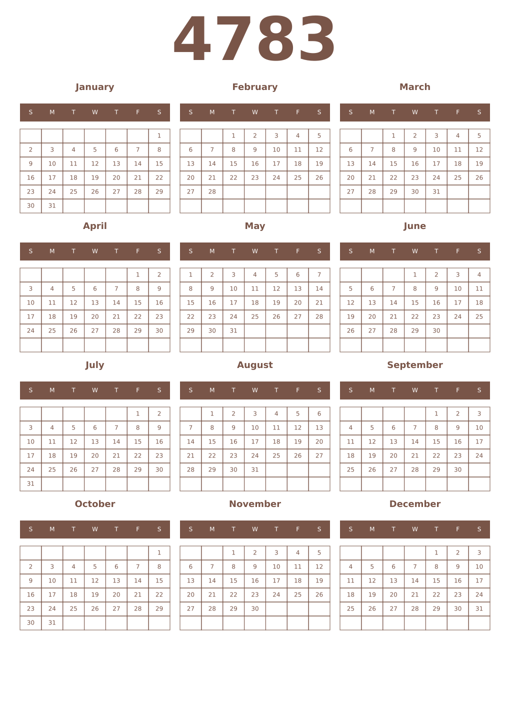 Printable 4783 Year Calendars coffe