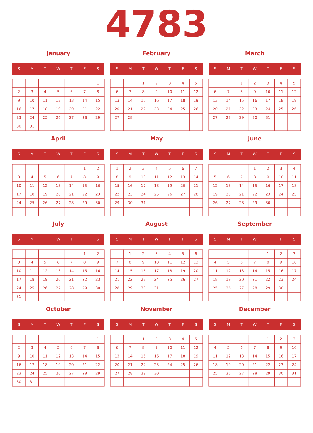 Printable 4783 Year Calendars red