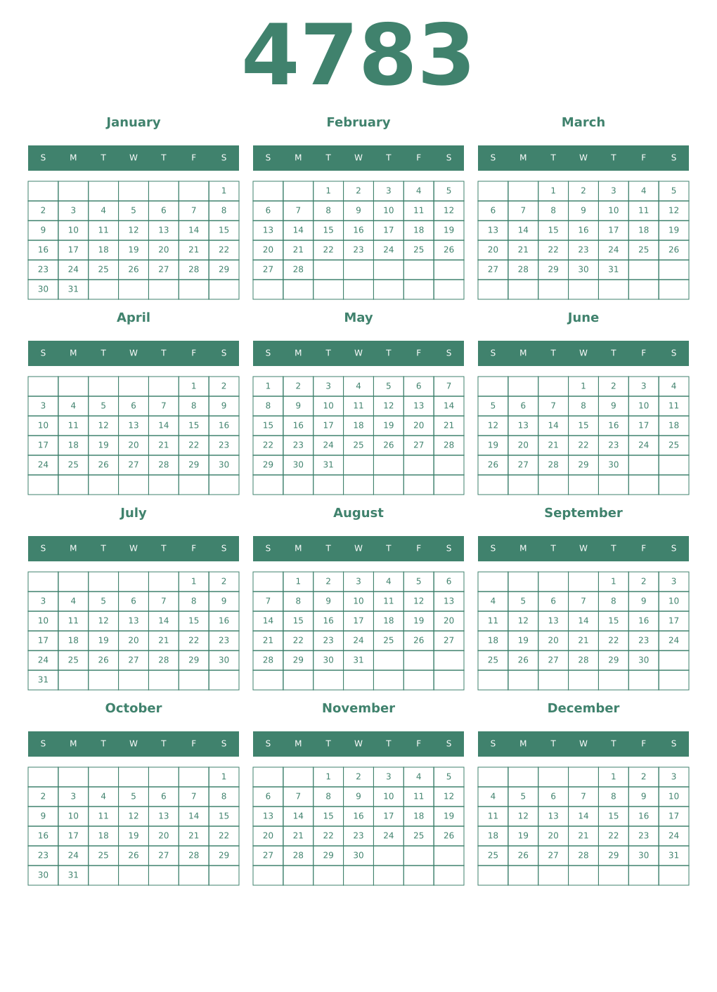 Printable 4783 Year Calendars viridian
