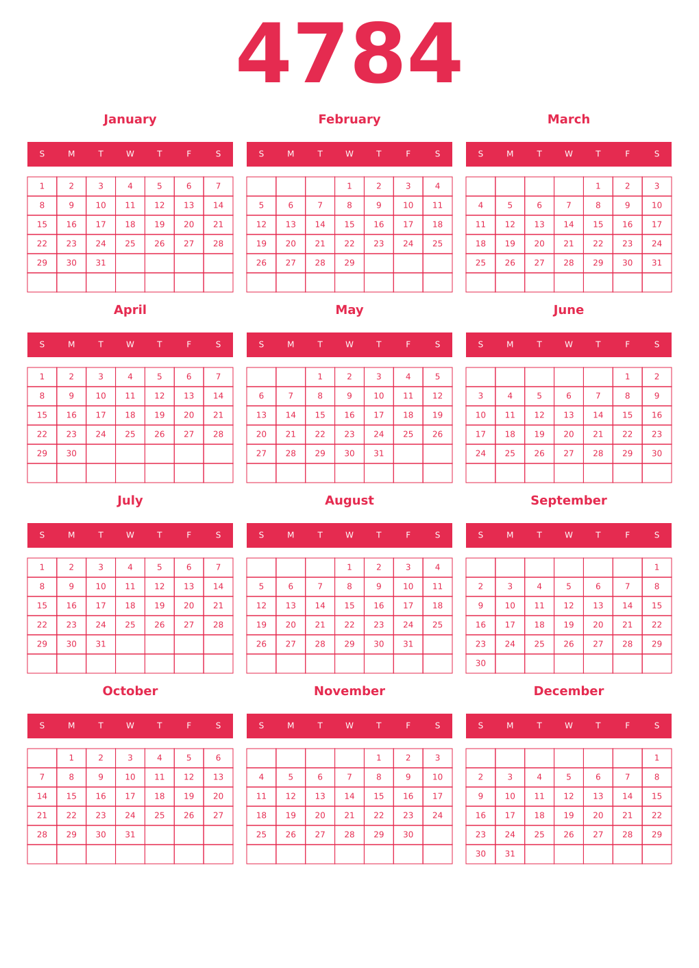 Printable 4784 Year Calendars amaranth