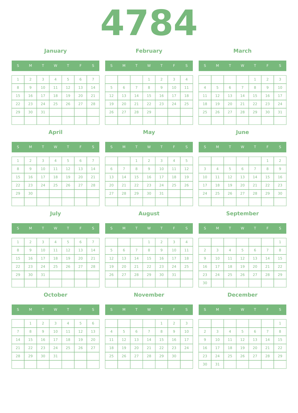 Printable 4784 Year Calendars celadon