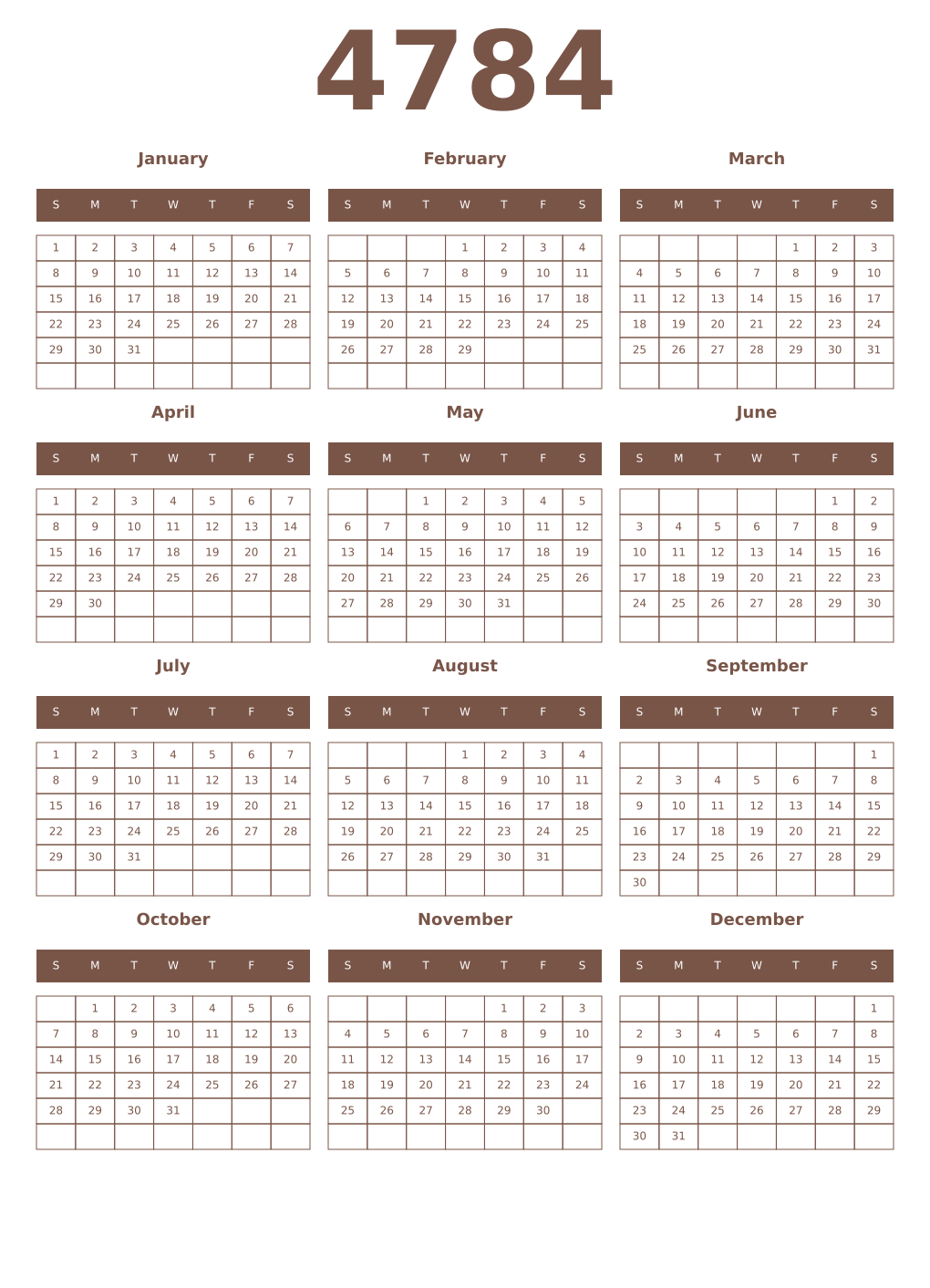 Printable 4784 Year Calendars coffe